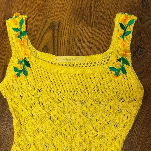 🌷 Crochet Knit Floral Embroidery Dress 🌷 Vibrant Yellow - Picture 6 of 14